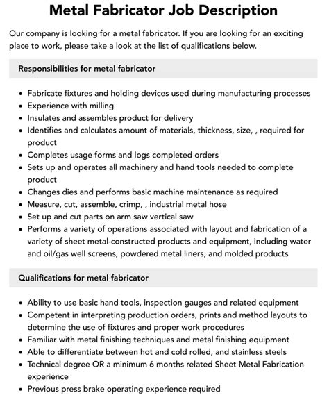 job description of metal fabrication|welder fabricator duties and responsibilities.